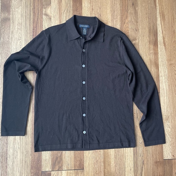 Banana Republic Button Down Shirt Sweater Men L Brown Merino Wool Blend‎ Stretch - Picture 1 of 8